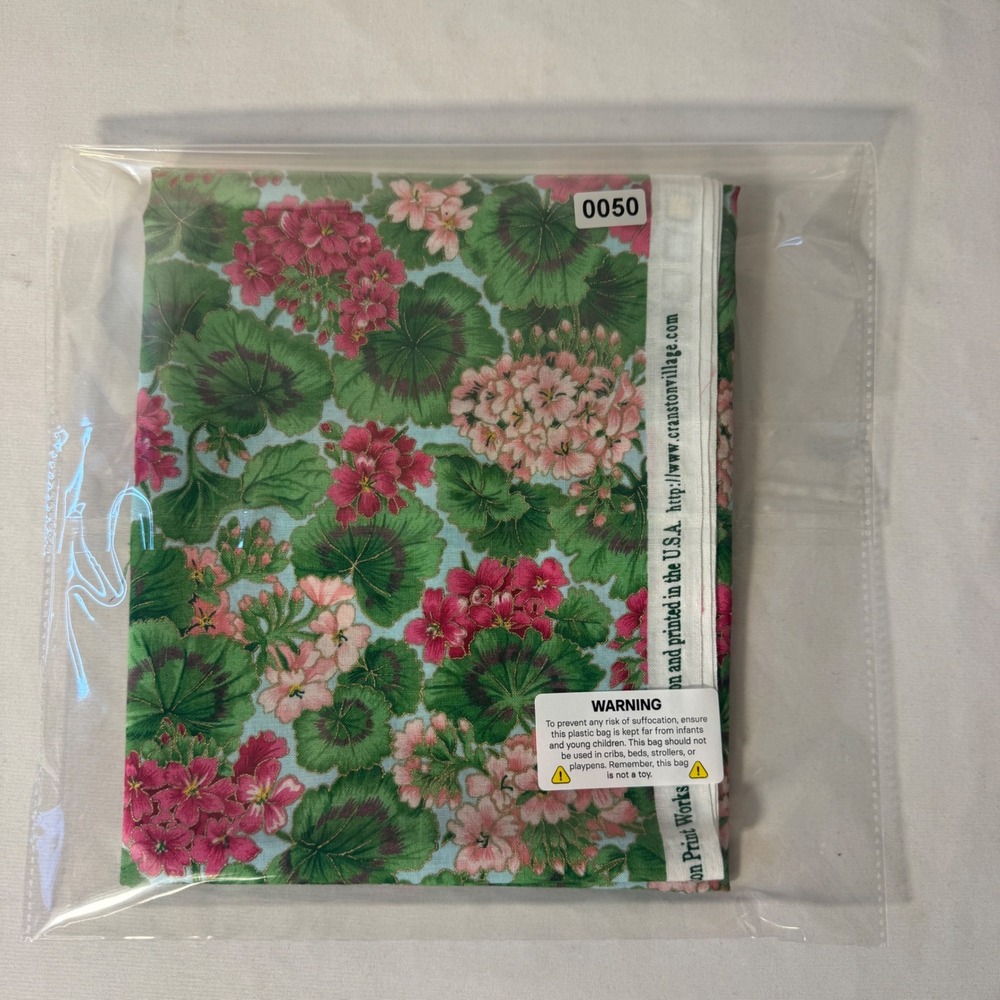 Cranston Print Works Fabric 18.5x50 Green Pink Geranium Floral Cotton